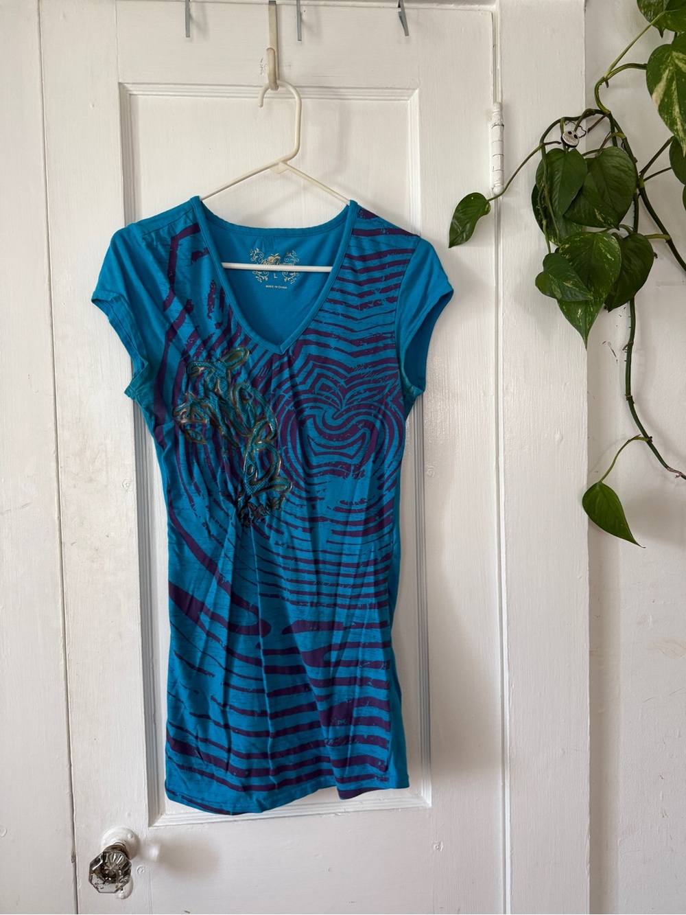 Apple Bottoms Teal V-Neck Graphic Tee with Purple Accents